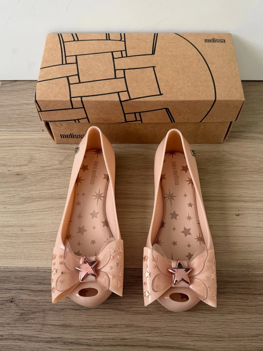 Mini Melissa Blush Pink Ultragirl Star Bow Jelly Flats with Rose-Gold Accents